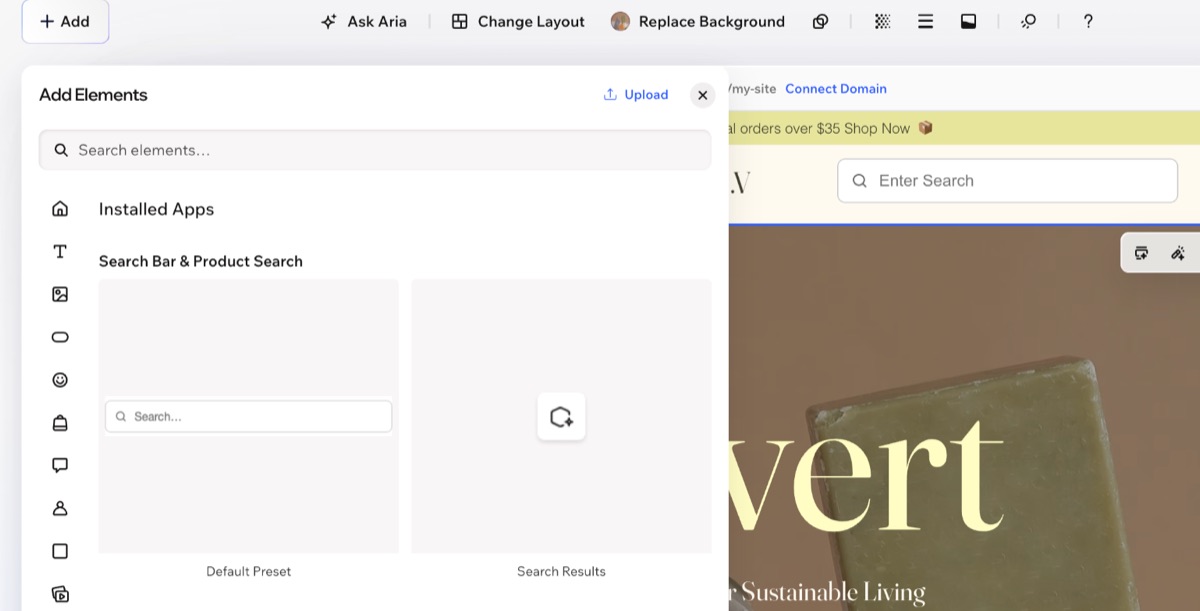 The Add Elements panel in the Wix editor, open at Installed Apps, showing the Search Bar & Product Search search box