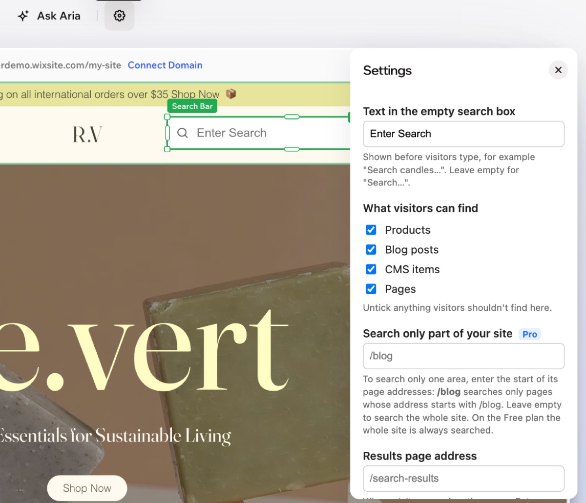 The search bar settings panel in the Wix editor: text in the empty search box, what visitors can find, and search only part of your site