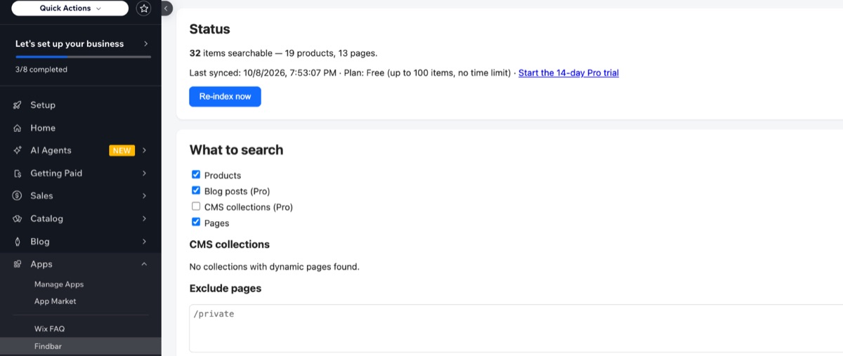 The Findbar dashboard in Wix showing 32 items searchable, the last sync time and the plan