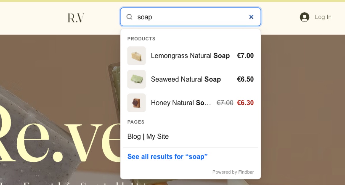 Findbar suggestions under a search bar on a live Wix store: three soap products with prices and a blog page